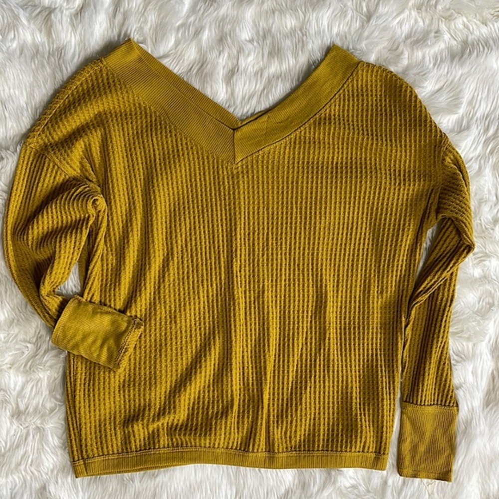 Wide V-Neck Mustard Gold Waffle Top